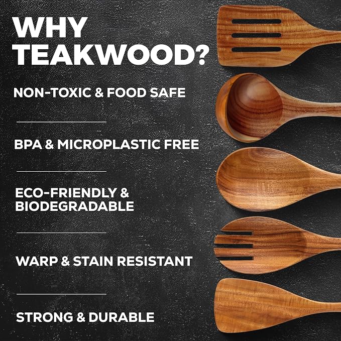 Zulay Kitchen Extra-Large 5-Piece Wooden Spoon Set - Smooth Teak Cooking Utensils - Comfort-Grip Non-Stick Turner, Spatula, Skimmer, Fork, Serving Spoon