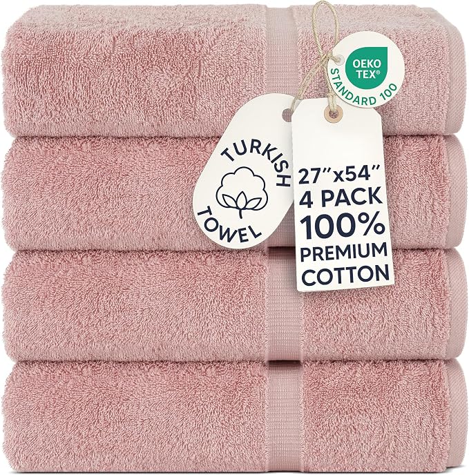 Chakir Turkish Linens 4 Piece Bath Towel Set, 100% Cotton Luxury Turkish Towels for Bathroom, Soft Absorbent Bath Towels, 27 x 54 Inches, Pink