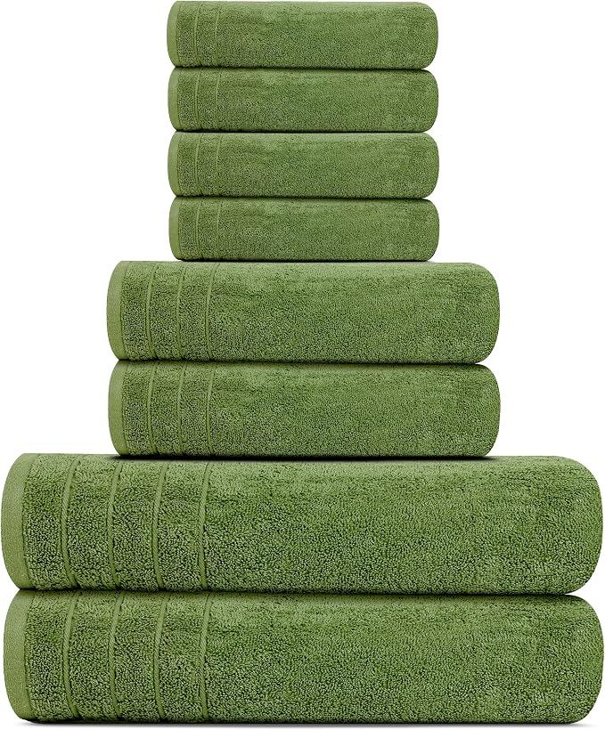 Tens Towels 8 Piece Towel Set, 2 XL Bath, 2 Hand, 4 Washcloth, Green | 100% Cotton, Lighter Weight, Quicker to Dry, Super Absorbent, Perfect for Bathroom