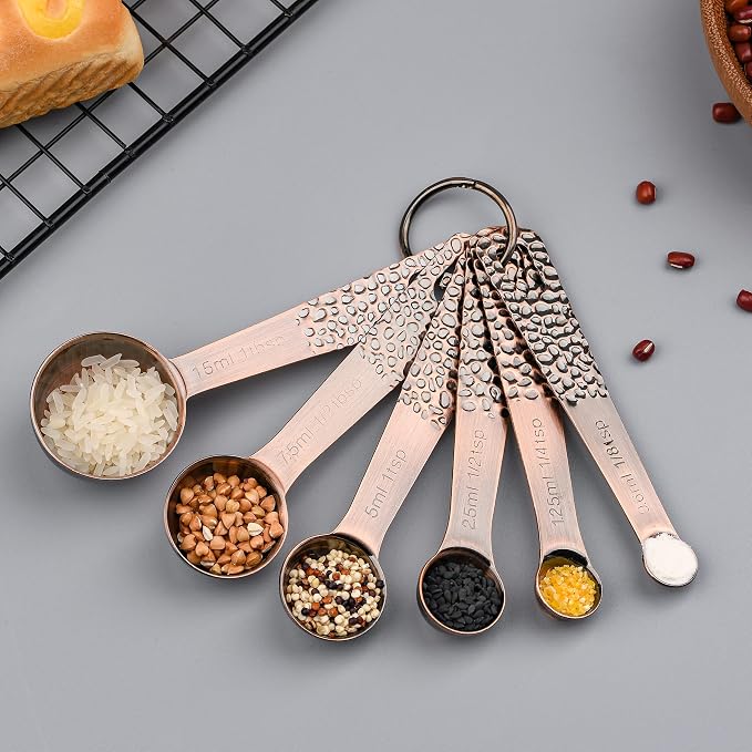 Copper Measuring Cups and Spoons set, Stainless Steel Measuring Cups and Spoons set for Baking & Kitchen, Metric & US 5 Copper Measure Cup and 6 Measure Spoons and 1 Ingredient Leveler