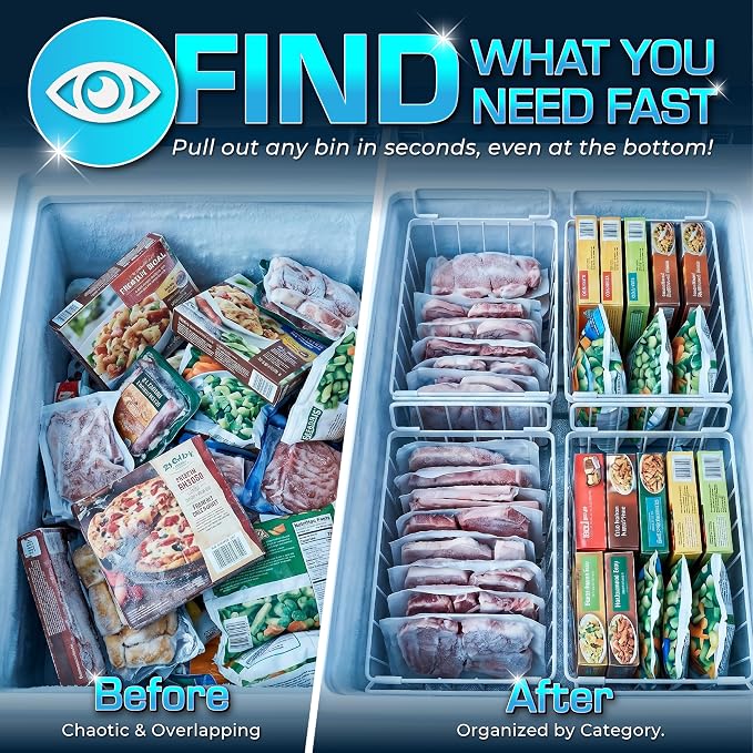 Deep Freezer Organizer Bins 4-Pack Black with Portable Heat Sealer & Reusable PEVA Bags, Heavy-Duty Stackable Chest Freezer Storage Baskets,15 x 7 x 6 in, White