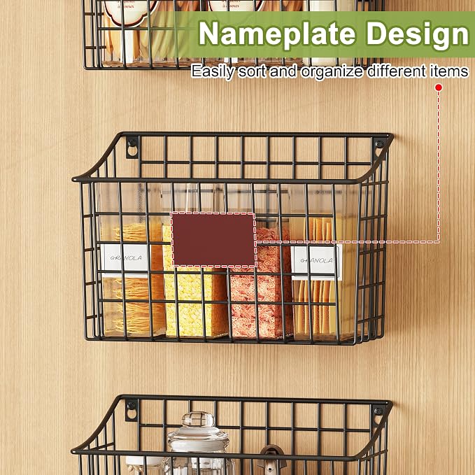 Wall Basket with Label Plate & 5 S-Hooks –4 Pack Hanging Wire Basket for Organizing, Wall Storage for Kitchen, Bathroom, Pantry, Laundry, RV – Hanging Wall Basket, Metal