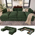 Ihanherry 135” Oversized Sectional Sofa Bed with Storage, 8-Seater Modular Cloud Couch with Movable Ottomans, Chenille Deep Seat Sleeper Couches for Living Room (Green)