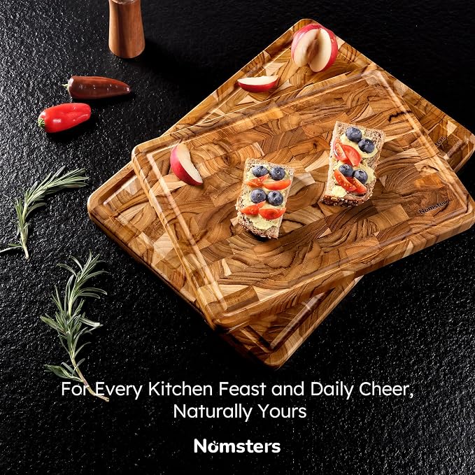 Teak Wood End Grain Cutting Board Set of 2 with Non-slip Feet, Reversible Cutting Boards for Kitchen with Juice Grooves and Handles Non Toxic Chopping Board Butcher Block Serving Tray Kitchen Gift