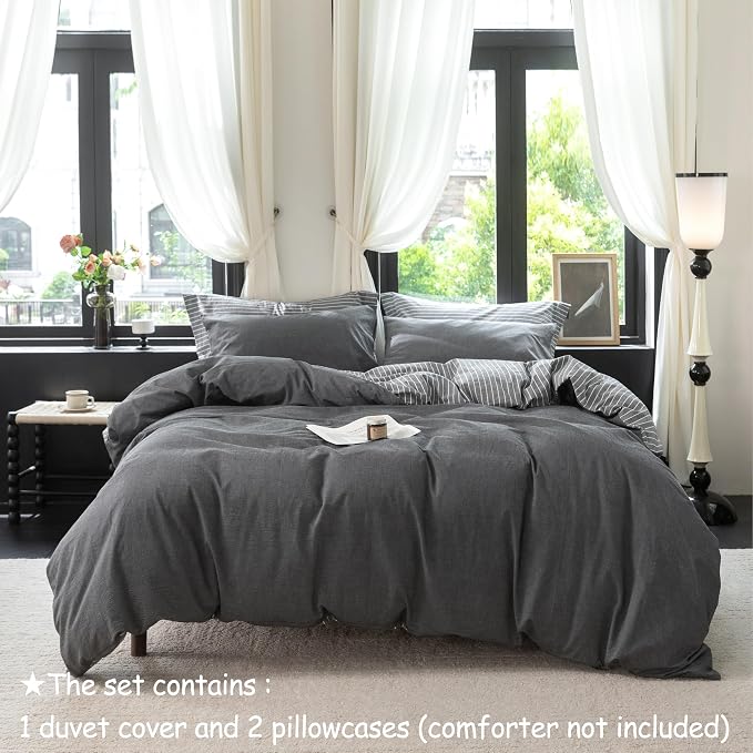 Reversible Duvet Cover Set 100% Washed Cotton Dark Grey Pinstripe Linen Feel Duvet Cover Queen Size with Zipper Closure & 2 Pillow Shams,Dark Grey/White Stripe Reverse Solid Dark Grey