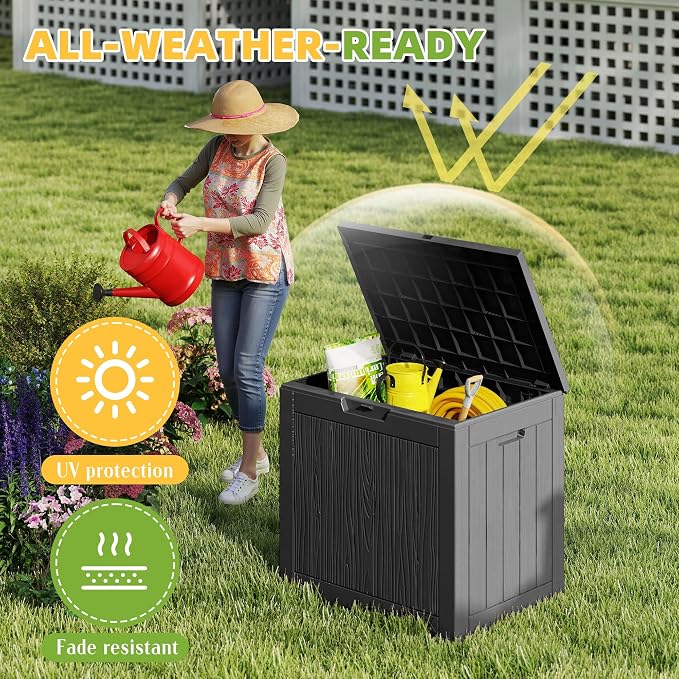 DRATO 35 Gallon Outdoor Storage Box Waterproof, Lockable Resin Deck Box for Patio Furniture, Pool Supplies & Garden Tools, Weatherproof Outside Storage Bin for Backyard Porch (Black, 35 Gallon)