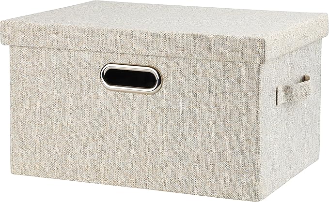 Graciadeco Medium 15" 21 Quart Collapsible Stackable Storage Bins with Lids, 1 Pack Beige Foldable Fabric Closet Storage Boxes with Lids, Heavy-duty Linen Baskets for Bedroom