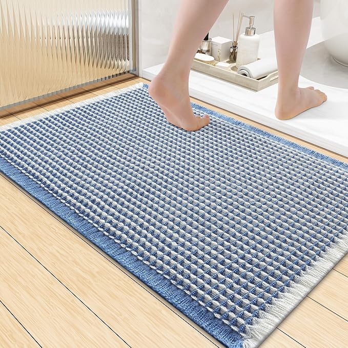Smiry Waffle Bath Mat 36x24, Extra Soft Absorbent Bathroom Rugs, Non Slip Machine Washable Quick Dry Bath Rugs for Bathroom Floor, Tub, Shower, Home Decor Accessories, Blue & Cream
