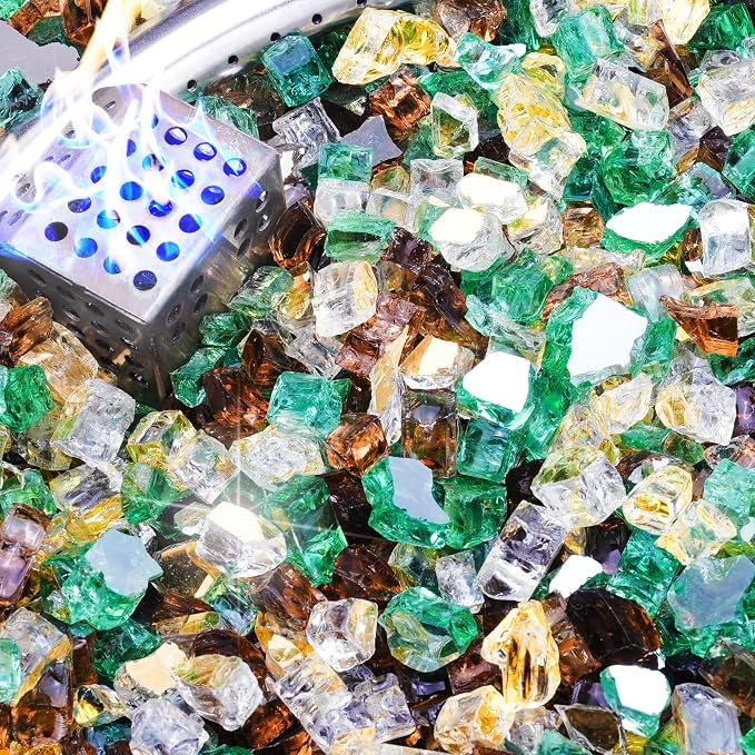 NUPICK 5 Pound Fire Glass, 1/2 Inch Reflective Fire Pit Glass | Fire Pit Rocks for Propane or Natural Gas, Glass Rocks for Fire Pit Table, Fireplace, Fire Bowl, Gold & Green & Copper Mix