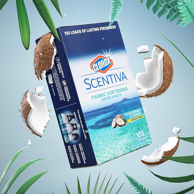 Clorox Scentiva Fabric Softener Dryer Sheets, Pacific Breeze & Coconut Scent - Wrinkle Reducing Scented Softening Laundry Dryer Sheets for Great Smelling Clothes, 105 Count