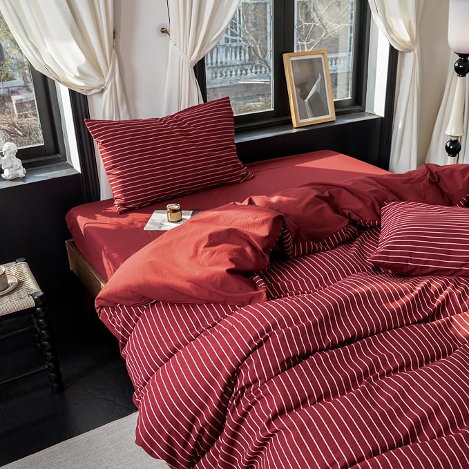 Reversible Duvet Cover Set 100% Washed Cotton Red Stripe Linen Feel Duvet Cover King Size with Zipper Closure & 2 Pillow Shams, Red/White Stripe Reverse Solid Red