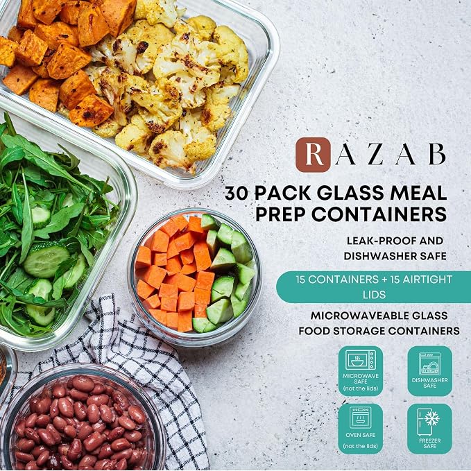 Razab 30 PC Glass Food Storage Containers with Lids - Reusable Glass Meal Prep Containers for Lunch and Leftovers - Airtight & Leakproof Snap Locking Lids - Oven, Freezer, Microwave & Dishwasher Safe