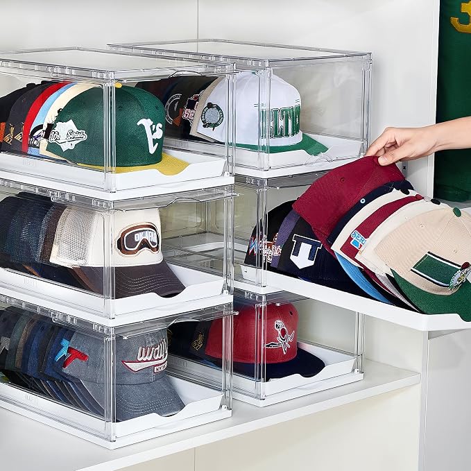 Vtopmart 6 Pack Hat Organizer for Baseball Caps, Clear Hats Holder Box with Drawer, Large Cap Storage with Sliding Tray, Stackable Rack Display Case with Magnetic Door, Each Holds 12 Hats