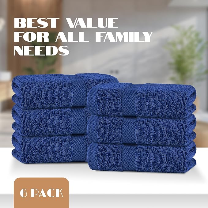 White Classic Navy Hand Towels for Bathroom [6 Pack] Cotton Hand Towel Bulk for Gym, Kitchen and Spa, 16x27 Inches Soft Highly Absorbent Quick Dry Terry Salon Towels