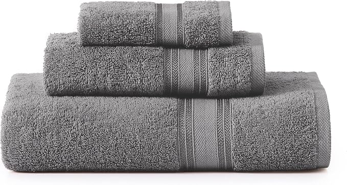 LANE LINEN Bathroom Towel Set 3 Piece Soft Absorbent Quick Dry - Cool Grey | Pack Of Towels - Coordinated Colors, Dobby Border Accent, OEKO-TEX Certified, Zero-Twist Durability, Zero-Twist Cotton