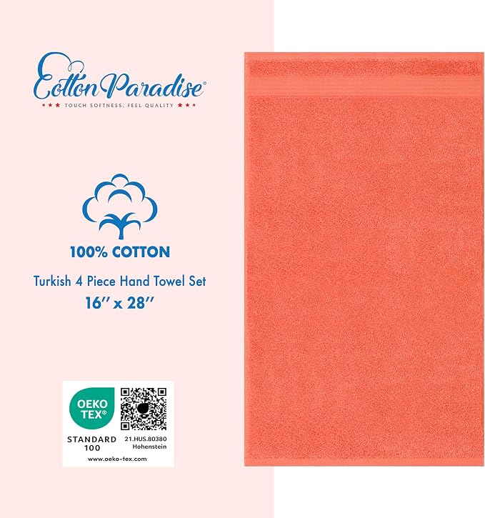 Cotton Paradise Hand Towels for Bathroom, 100% Cotton Turkish 4 Piece Hand Towel Set, Soft Absorbent Face Towels, Coral