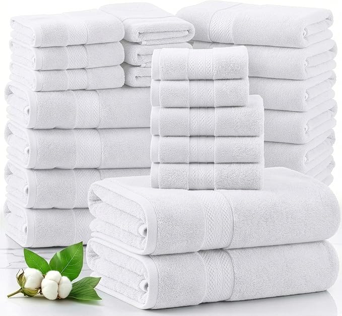 LANE LINEN Bath Towel Set 100% Cotton 24 Piece Soft Absorbent - White | Shower Towels - Generously Sized, Oversized & Roomy, Lightweight & Breathable, Fade-Resistant Color, Classic Terry Weave