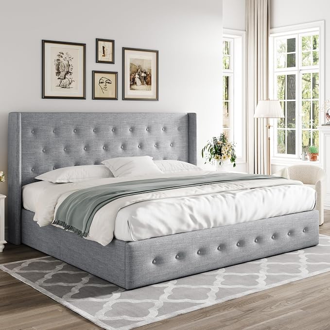 Allewie King Size Lift Up Storage Button-Tufted Bed Frame Light Grey | Modern Wingback Headboard, Hydraulic Support Storage, No Box Spring Needed