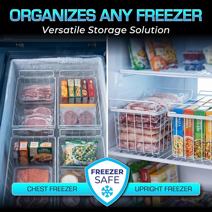 Deep Freezer Organizer Bins 4-Pack Black with Portable Heat Sealer & Reusable PEVA Bags, Heavy-Duty Stackable Chest Freezer Storage Baskets,15 x 7 x 6 in, White