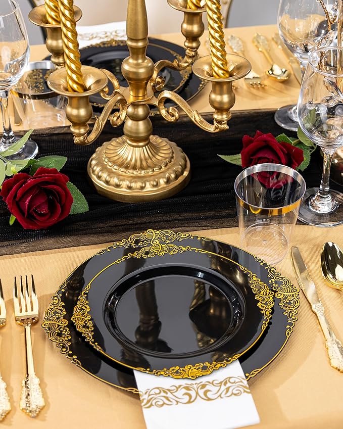 Nervure 350PCS Black Plastic Plates - Black Plastic Dinnerware Sets for 50 Guests - 100 Disposable Plates, 150 Gold Silverware, 50 Cups, 50 Napkins for Wedding & Party & Graduation & Retirement