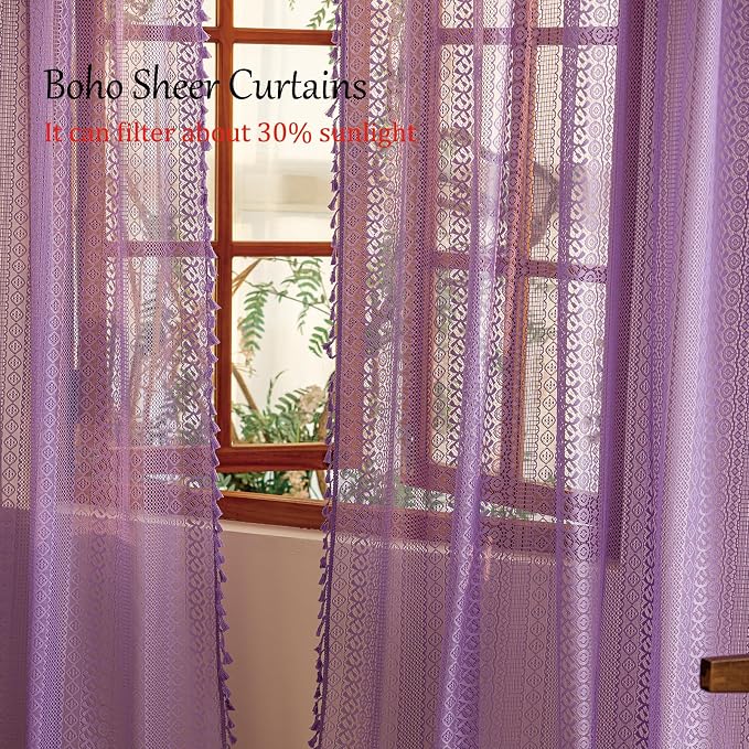 Sutuo Home Boho Curtains 2 Panels, Purple Lace Curtains for Kitchen Kid's Room Semi Sheer Crochet Vintage Country Rustic Tassels Bohemian Drape Privacy Window Treatments Rod Pocket, 50" x 63" Lavendar