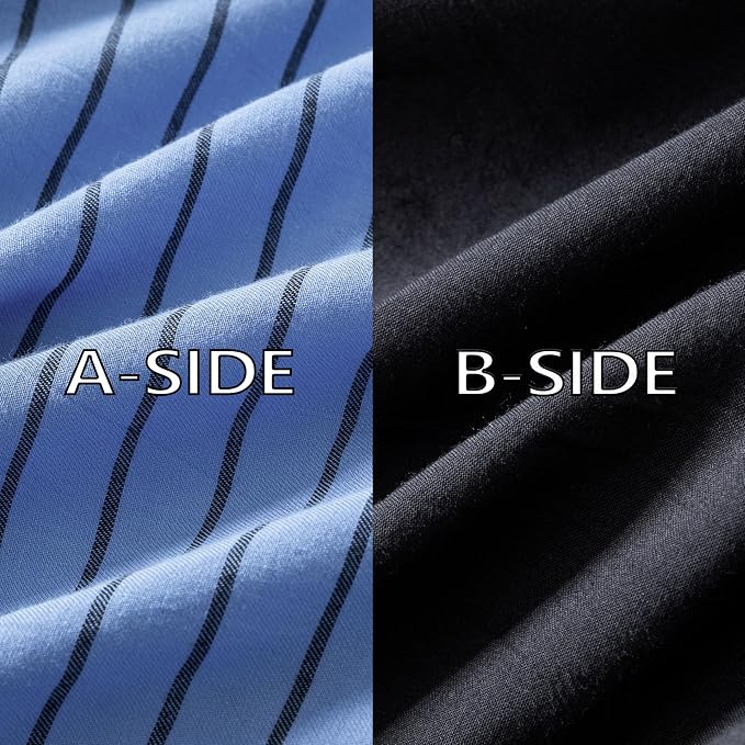 Reversible Duvet Cover Set 100% Washed Cotton Blue Stripe Linen Feel Duvet Cover King Size with Zipper Closure & 2 Pillow Shams, Blue/Black Stripe Reverse Solid Black