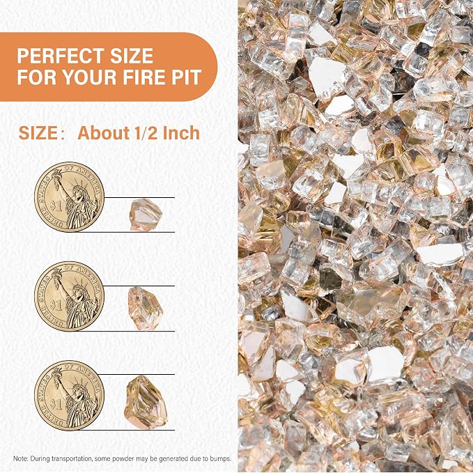 NUPICK 5 Pound Fire Glass, 1/2 Inch Reflective Fire Pit Glass | Tempered Fire Pit Rocks for Propane or Natural Gas, Glass Rocks for Fire Pit Table, Fireplace, Fire Bowl, Rose Gold