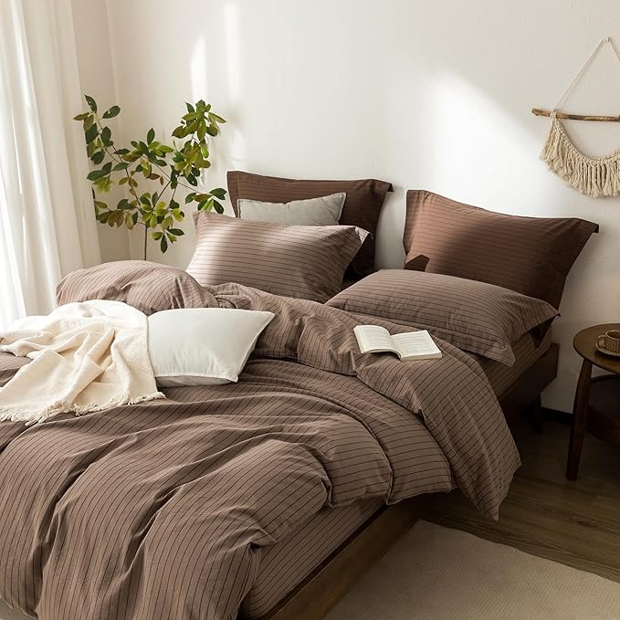 Stripe Duvet Cover King Size 104inch x 90inch,100% Washed Cotton Pinstripe Duvet Cover with Zipper Closure and 2 Pillowcases, Color of Light Brown-Black Stripe