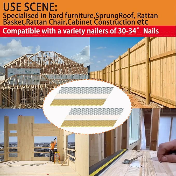34°Framing Nails,Ring Shank,2-1/2":1000pcs | Hot Dipped Galvanized,Paper Tape Strip,D Head Nail,For 30 to 34 Degree Framing Nailer