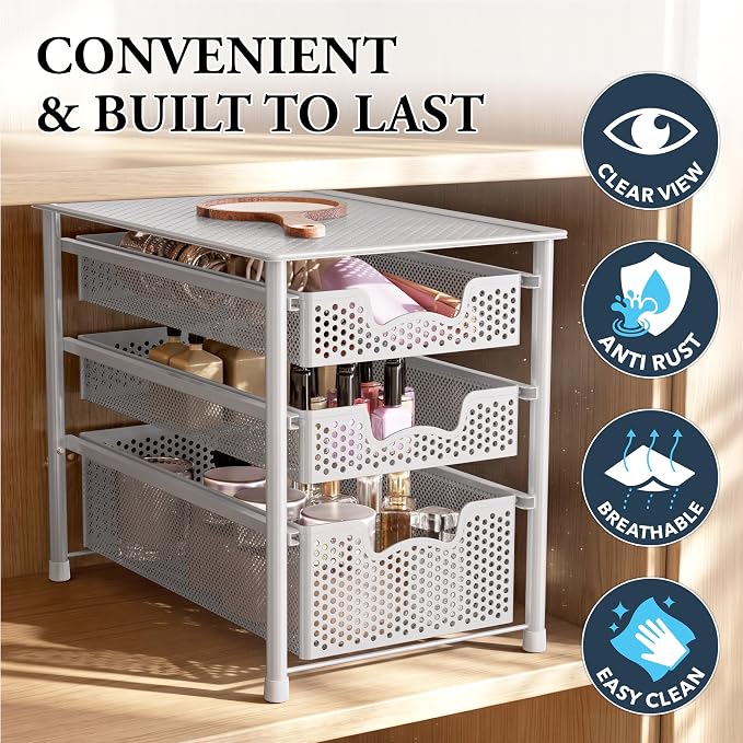 Simple Houseware 3 Tier White Alloy Steel Sliding Basket Organizer Drawer Cabinet