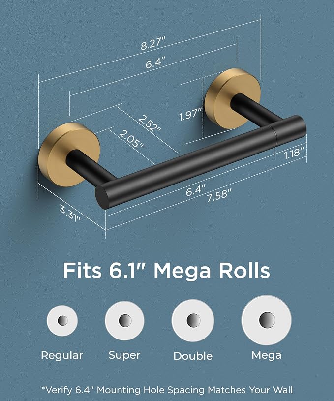 FORIOUS Toilet Paper Holder Wall Mount, Stainless Steel Rustproof Double Post Pivoting Tissue Roll Holder for Bathroom, Commercial Toilet Paper Dispenser, Matte Black & Brushed Gold