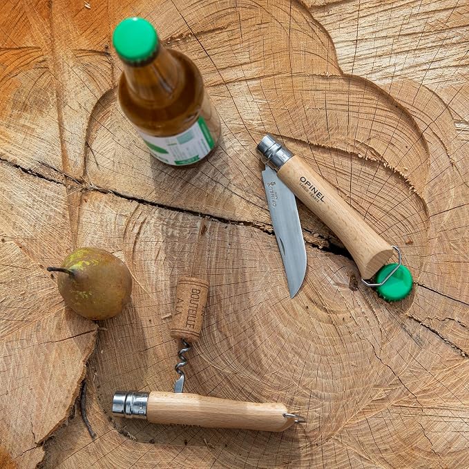 Opinel No. 10 Stainless Steel Corkscrew Wine and Cheese Folding Knife, Integrated Corkscrew + Bottle Opener, Beechwood Handle - Picnic Pocket Knife Made in France (Updated Version)