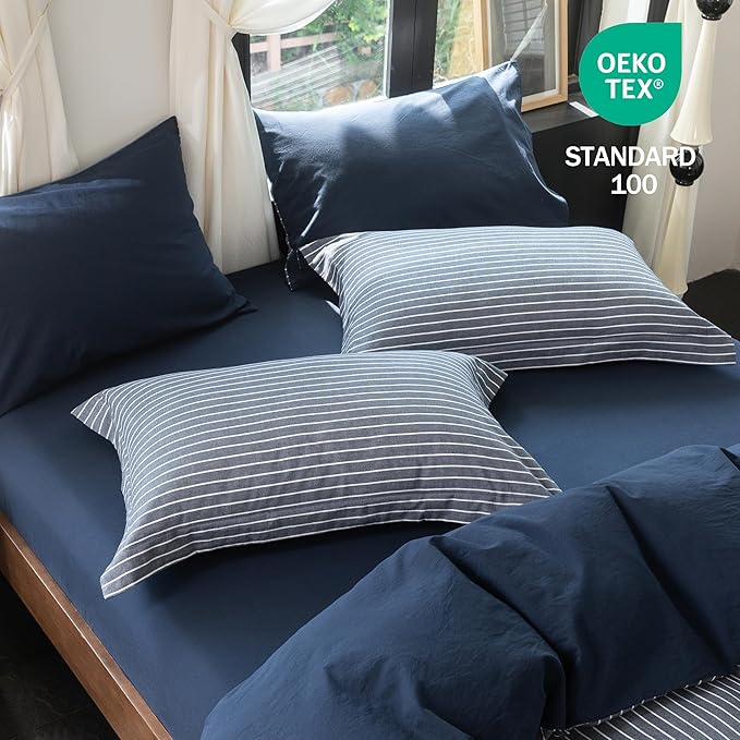 Reversible Duvet Cover Set 100% Washed Cotton Blue Stripe Linen Feel Duvet Cover Oversized Queen Size with Zipper Closure & 2 Pillow Shams,Navy/White Stripe Reverse Solid Navy