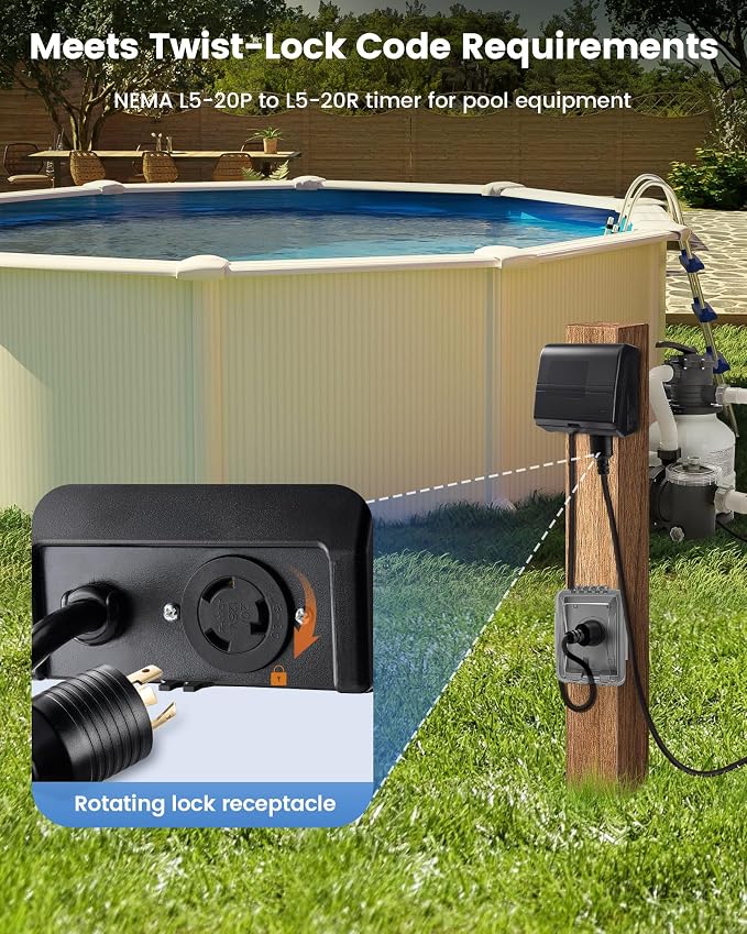 SURAIELEC Infinite Cycle Pool Timer for Above Ground Pools, NEMA L5-20R Twist-Lock Plug-in Timer, 20A 125V 1HP, Weatherproof Outdoor Timers for Pool Pumps, Pool Heaters, Salt Systems and Lights
