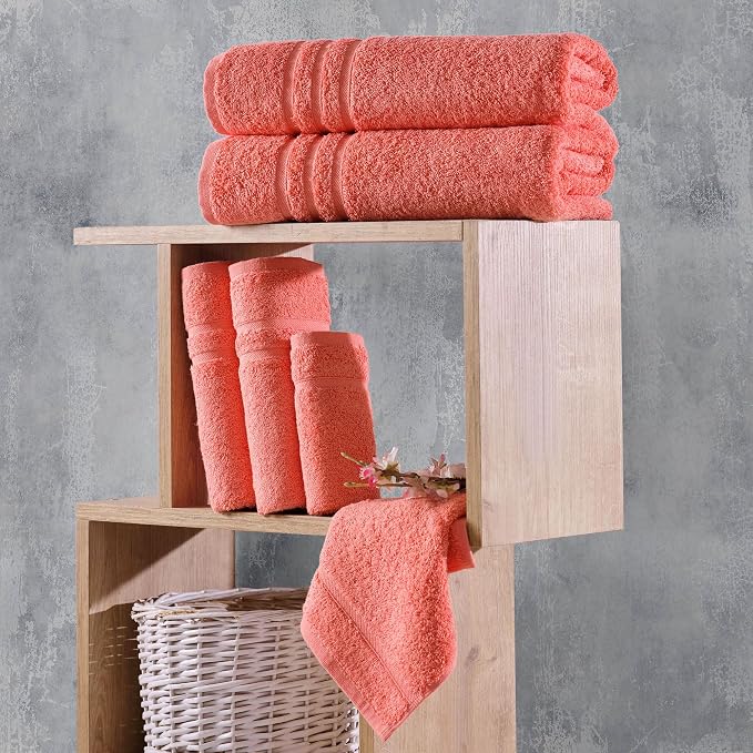 Hawmam Linen Coral Orange 6 Piece Bath Towels Set for Bathroom Original Turkish Cotton Soft, Absorbent and Premium 2 Bath Towels, 2 Hand Towels, 2 Washcloths