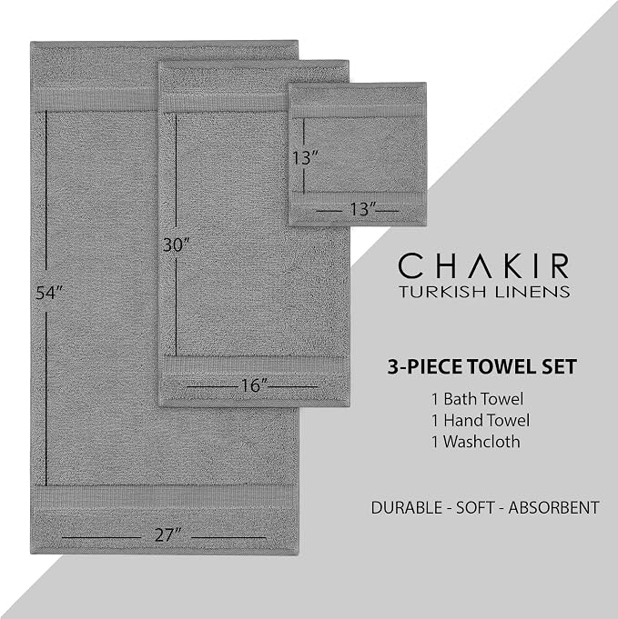 Chakir Turkish Linens Personalized 3 Piece Towel Set, 100% Cotton Luxury Turkish Towels for Bathroom, Soft Absorbent Towel Set with Bath Towel Hand Towel and Washcloth, Gray