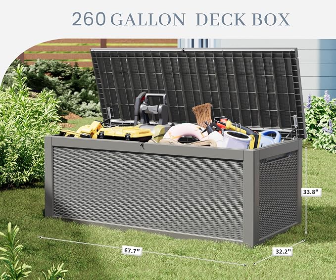 300 Gal Deck Box, Outdoor Storage Box Waterproof Lockable, Gas Lift,Grey | Large sturdy resin deck box, double wall panels, waterproof backyard storage for package delivery, garden hoses outdoor tools
