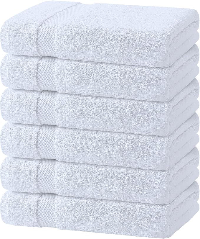 White Bath Towels 24x50 Inch, 6 Pack - Extra Absorbent Cotton Towel Set for Bathroom