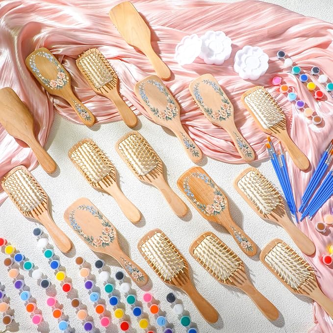 Meanplan 16 Set DIY Wooden Hairbrush Painting Kits Make Your Own Hair Brush Hand-Painted Hairbrush Night Party Supplies with Paint Brush and Palette for DIY Gift Party Crafts (Square)