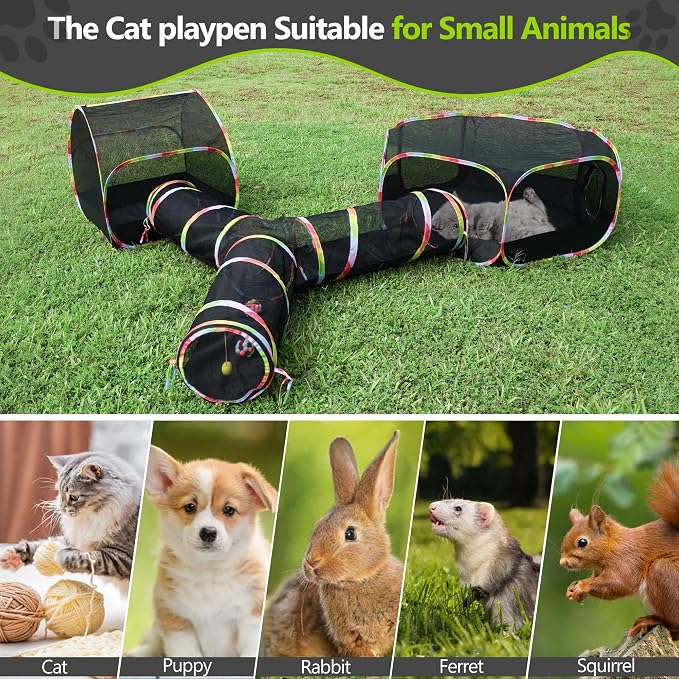 Outdoor Cat Enclosure, 3-in-1 Portable Pop Up Cat Mesh Tent with Tunnel for Cat Run, Easy Set Up and Foldable Catio Playground for Indoor Cats, Rabbits & Small Animals, Includes Storage Bag