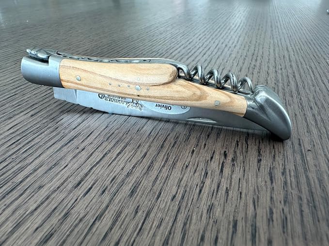 Laguiole en Aubrac Handcrafted Luxury Folding Pocket Steak Knife with Corkscrew, 4.75-in (12 cm), Olive Wood Handle, Brushed Bolsters