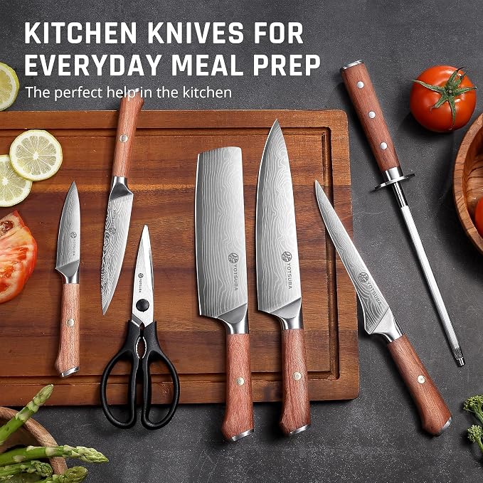 YOTSUBA 8PCS Japanese Style Natural Rosewood Knife Set with Block | High Carbon Stainless Steel, Ultra Sharp, Full Tang Construction, Poke-Proof Construction, Ergonomic Kitchen Knives