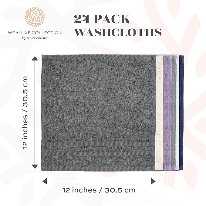 White Classic Wealuxe Multi Washcloths 24 Pack - 600 GSM 100% Ring-Spun Cotton Wash Cloths for Showering, Highly Absorbent and Soft | 12x12 Inches