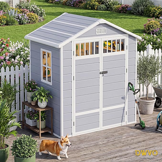 DWVO 6x4.4 FT Outdoor Storage Shed with Fence-Style and Side Windows, Lockable Door and Vents, Resin Storage Shed, Tool Shed for Garden Backyard Patio Lawn