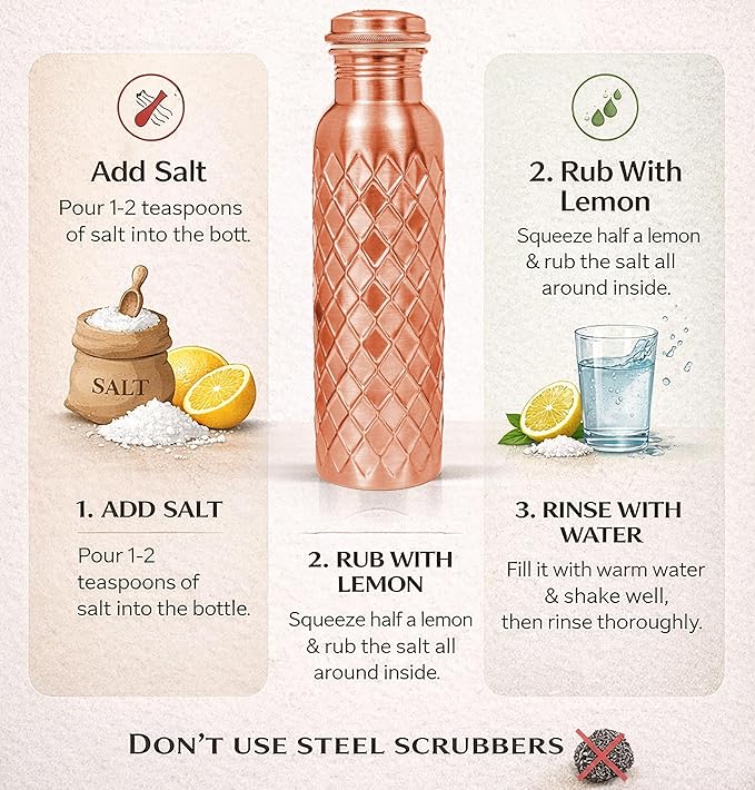 Copper Water Bottle 32 Oz Extra Large, Pure Copper Bottle for Drinking Water, Diamond Ayurvedic Drinking Bottle, Leak Proof Vessel, Cleaning Brush, Daily Hydration for Home Travel