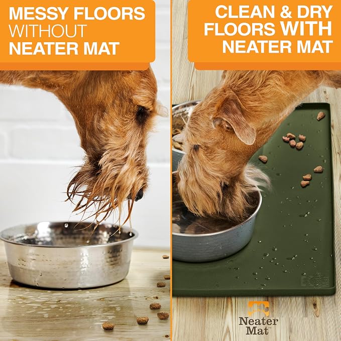 Neater Pet Brands Neater Mat Pet Mats for Food and Water, Cat & Dog Bowl Mat Waterproof Silicone, Feeding Tray, Dog Food Mats for Floors, Placemat w/Raised Edge for Under Bowls, 19” x 12”, Olive