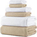 POLYTE 430 GSM Poly Blend Microfiber Quick Dry Waffle Bath Towel Set of 6 | 2-Body Towels, 2-Hand Towels, 2-Wash cloths, Oversize, Lint Free