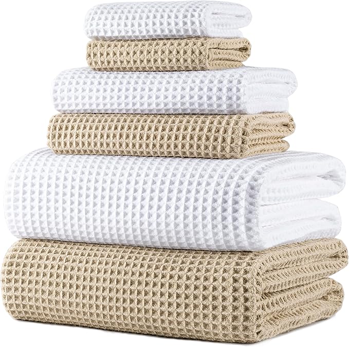 POLYTE 430 GSM Poly Blend Microfiber Quick Dry Waffle Bath Towel Set of 6 | 2-Body Towels, 2-Hand Towels, 2-Wash cloths, Oversize, Lint Free
