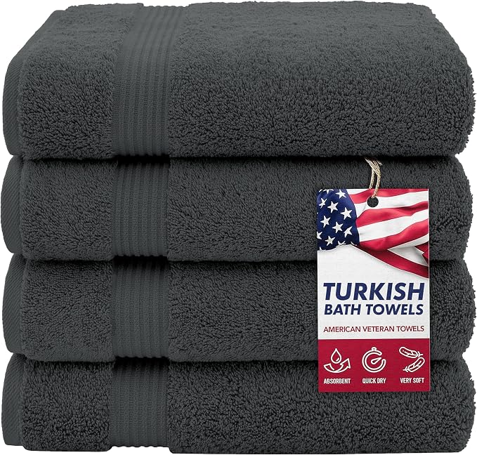 American Veteran Towel, 100% Cotton Turkish Bath Towels for Bathroom 4 Pack, 27x54 Extra Large Premium Soft Drying Bathroom Towels, Dark Gray