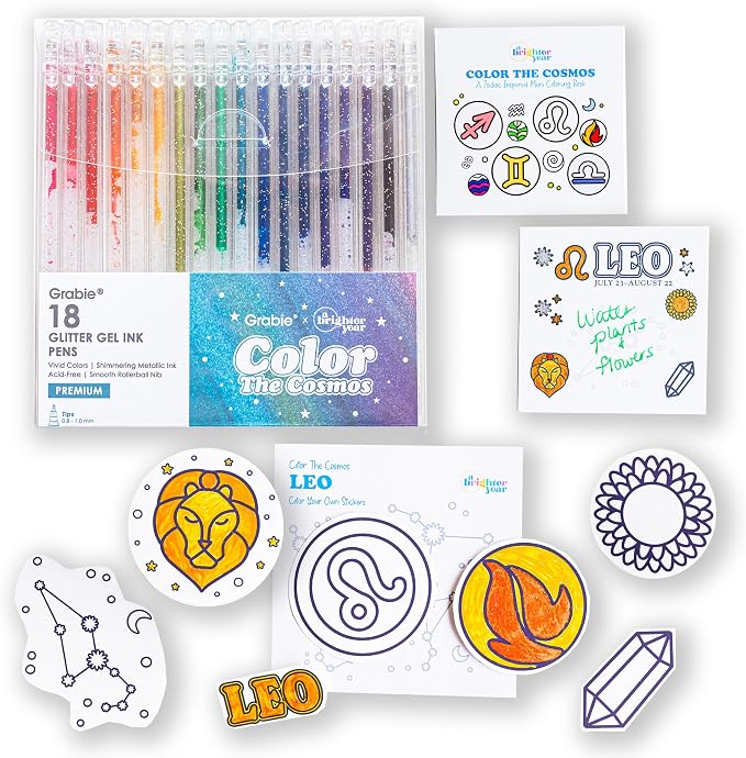 A Brighter Year Large Color The Cosmos Leo Bundle - Adult Mini Coloring Book (3" x 3" - 50 Pages), Post It Notes (50-3” x 3”), Stickers, & Gel Pens - Stress Relief, Mindfulness, Gift, Travel